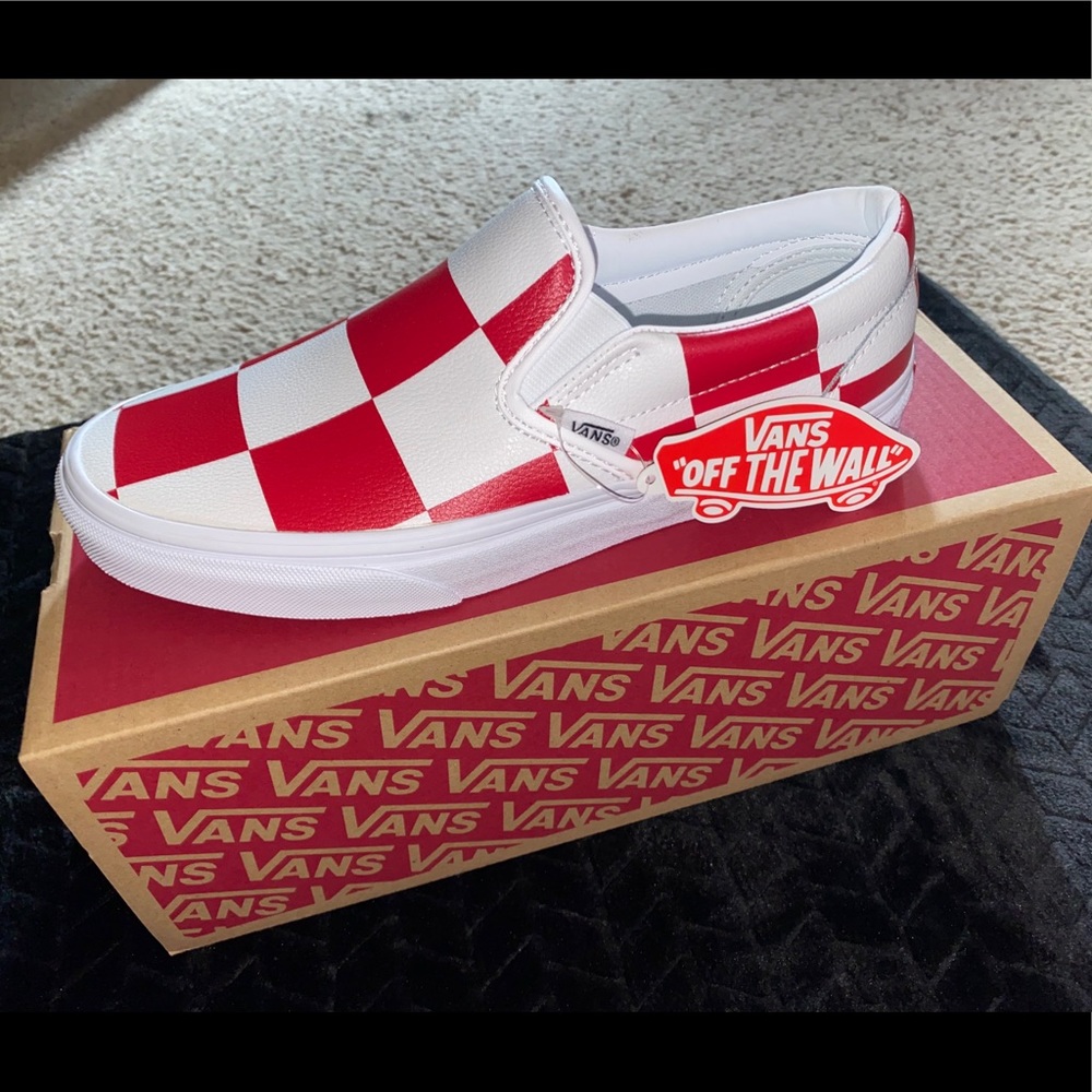 Red and white checked leather vans
